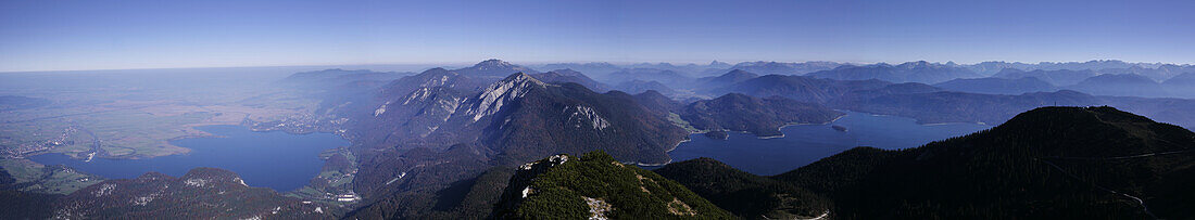 Panoramic view from Herzogstand summit over lake Kochelsee and Walchensee, Bavaria, Germany