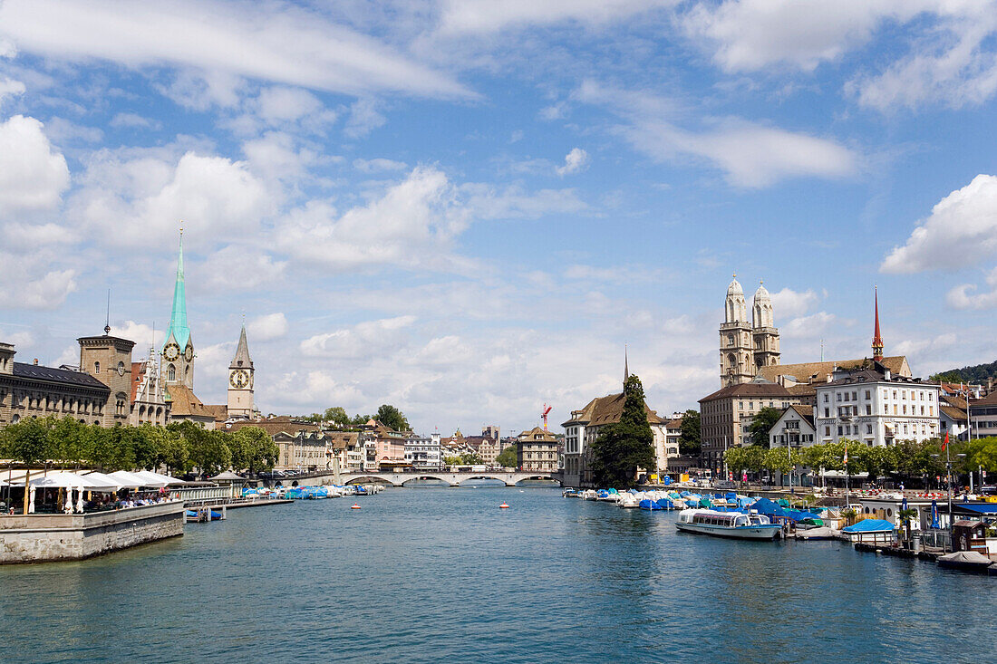 View over river Limmat to Fraumunster, St. Peter church and Grossmunster, Zurich, Canton Zurich, Switzerland