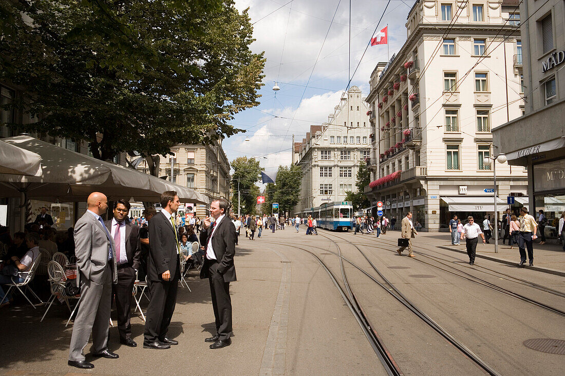 Group of businessmen near a tramway station, Bahnhofstrasse (most expensive real estate prices in the world), Zurich, Canton Zurich, Switzerland