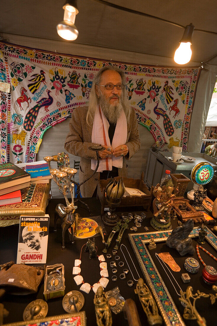 Man (Mike Hamkens) offering indian products on a flea market at Rosenhof, Zurich, Canton Zurich, Switzerland