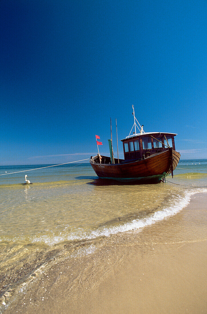 Fishing boat on the beach, Bansin, Usedom Island, Mecklenburg-Western Pomerania, Germany