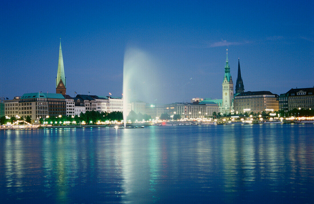 Binnenalster at night, Hamburg, Germany, Europe