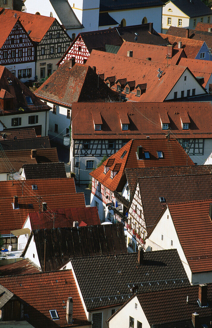 The roof tops of Pottenstein, Franconian Switzerland, Franconia, Bavaria, Germany