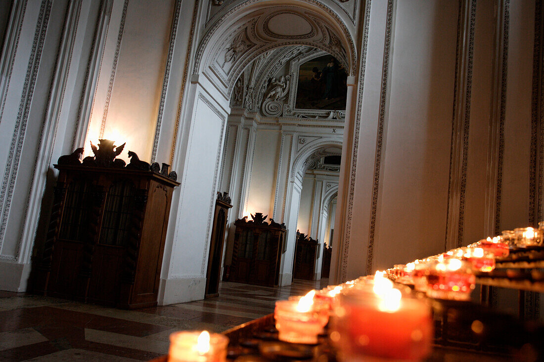 An altar with candles in Salzburg Cathedral, Salzburg, Austria