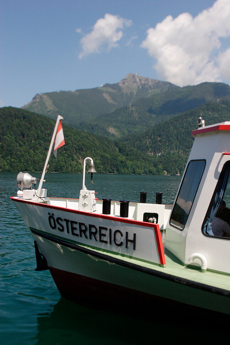 A motorboat on lake Wolfgangsee, Salzburg, Austria