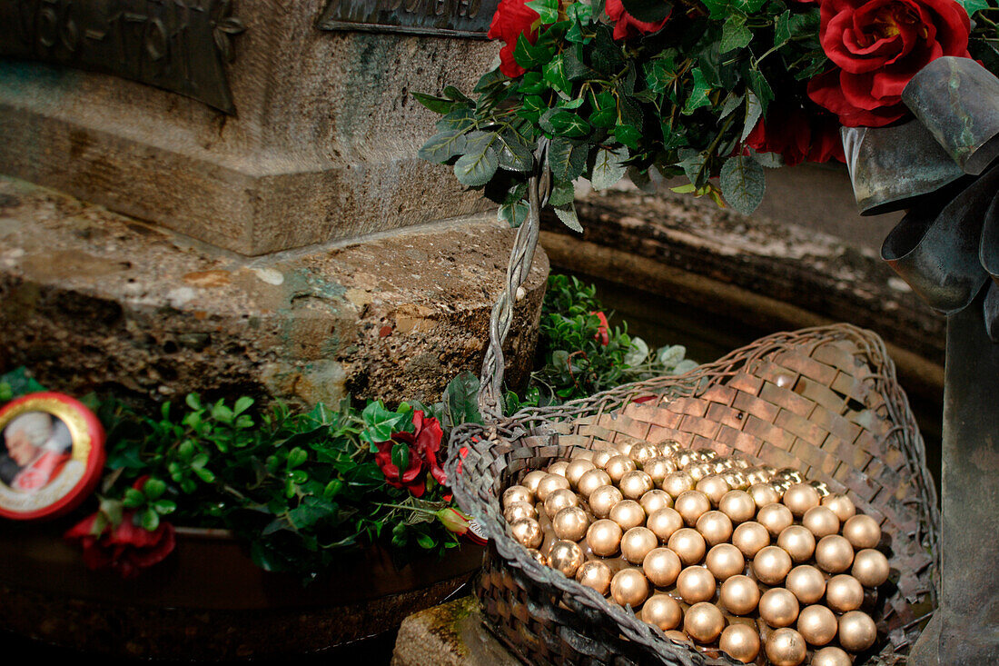 Inner courtyard of cafe Reber in Bad Reichenhall with mozart fountain and mozart chocolates, Bavaria, Germany