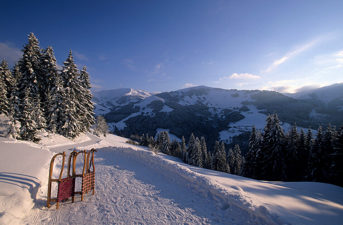 Toboggan run in winter landscape with two sledges, Natrun, Maria Alm, Salzburg, Austria