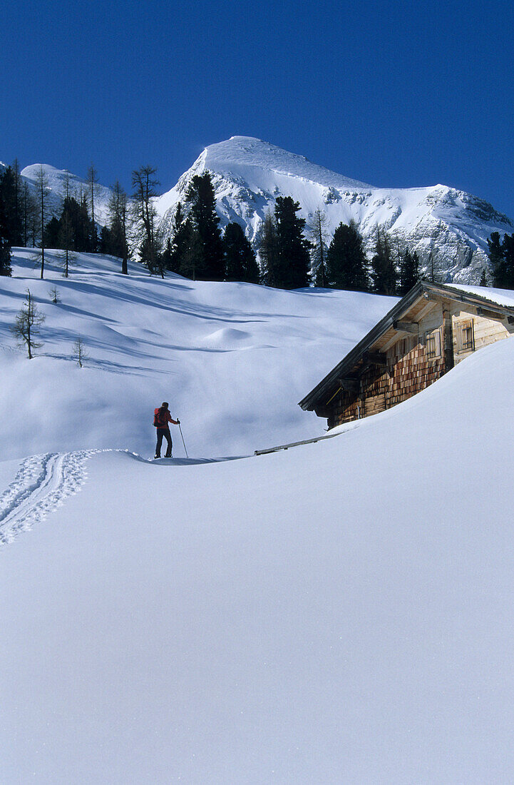 Back country skier in front of alpine hut, ascend to Wagendrischlhorn, Reiteralm Range, Berchtesgaden, Upper Bavaria, Bavaria, Germany