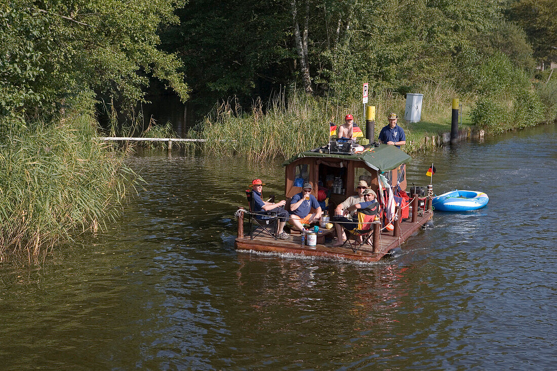 Party Raft on a canal, Hüttenkanal, North Brandenburg Lake District, Brandenburg, Germany