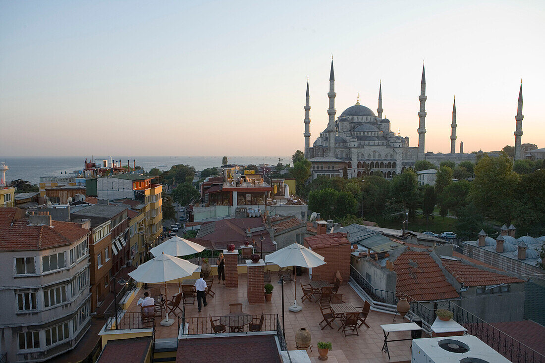 Rooftop Restaurant and Sultan A hmet Blue Mosque, Sultan Ahmet, Istanbul, Turkey
