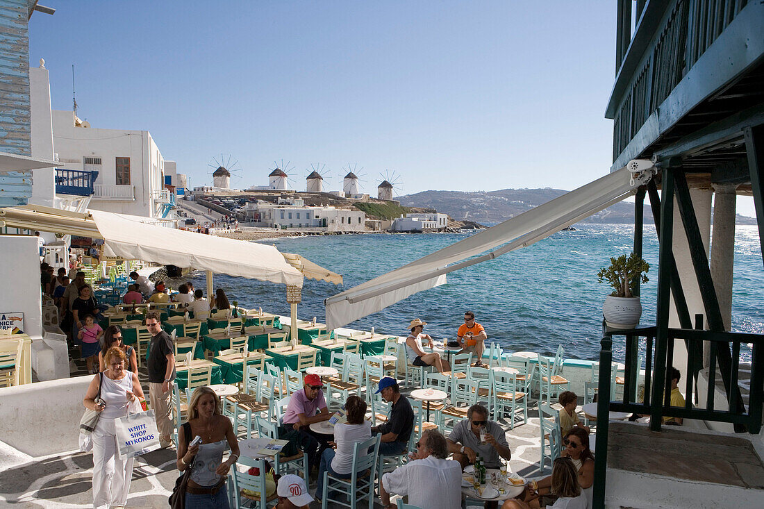 Outdoor Cafes in Little Venice and Mykonos Windmills, Mykonos, Cyclades Islands, Greece