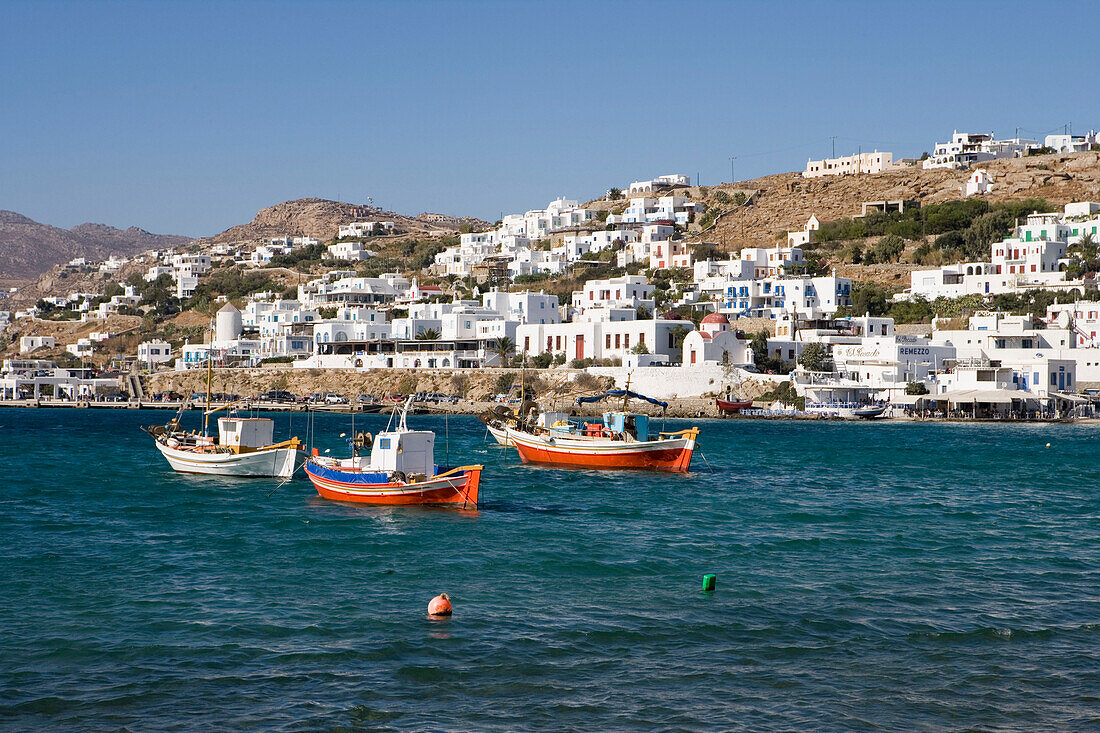 Fishing Boats and Hora Waterfront, Mykonos, Cyclades Islands, Greece
