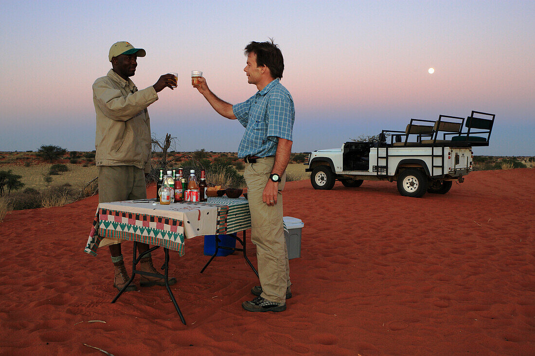 Two men, a local nature guide and a tourist bring a toast on the sundawn. Gondwana Kalahari Park, Namibia, Africa. MR of tourist.