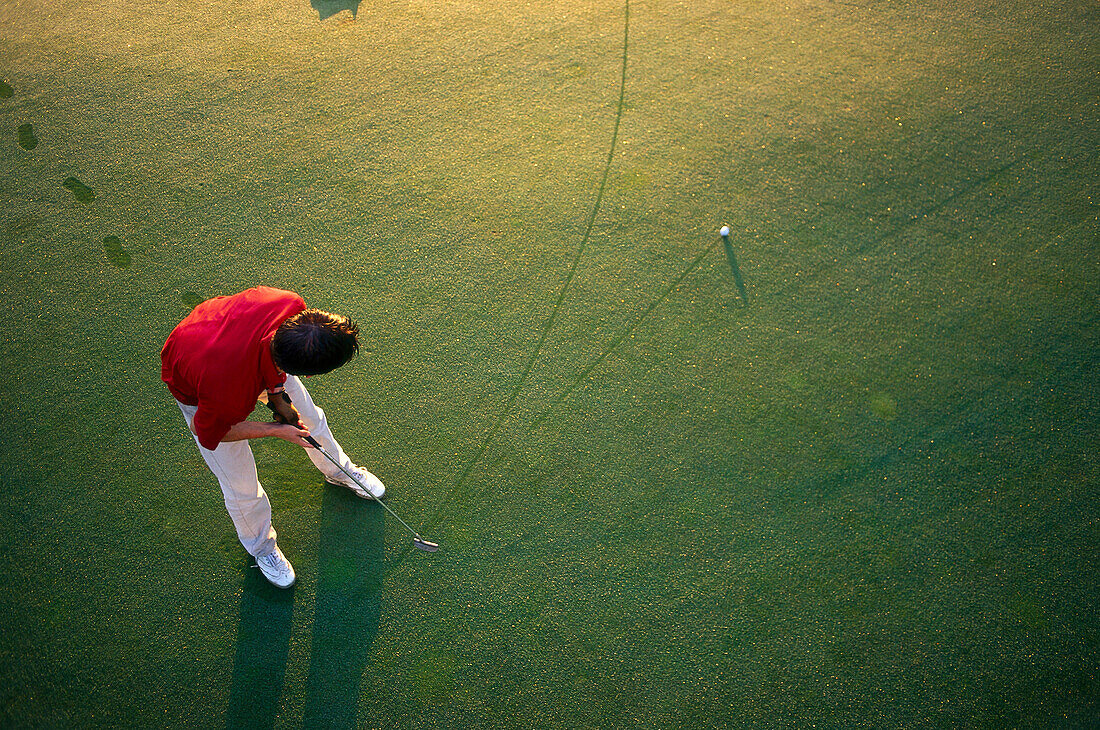 Man playing golf in Strasslach, Munich, Bavaria, Germany, Europe