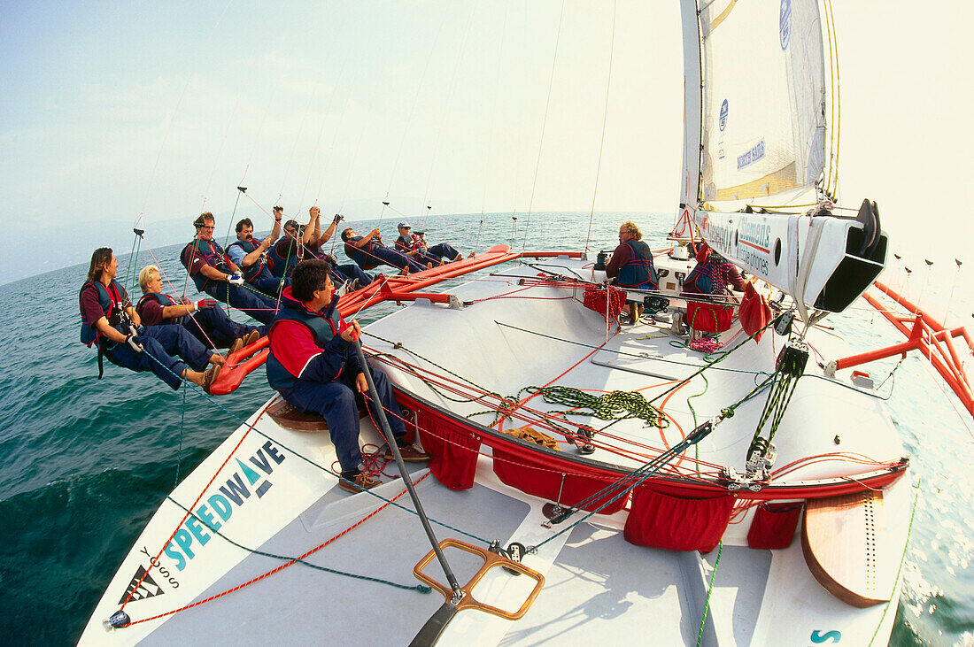 A group of people sailing, Catamaran, Sport