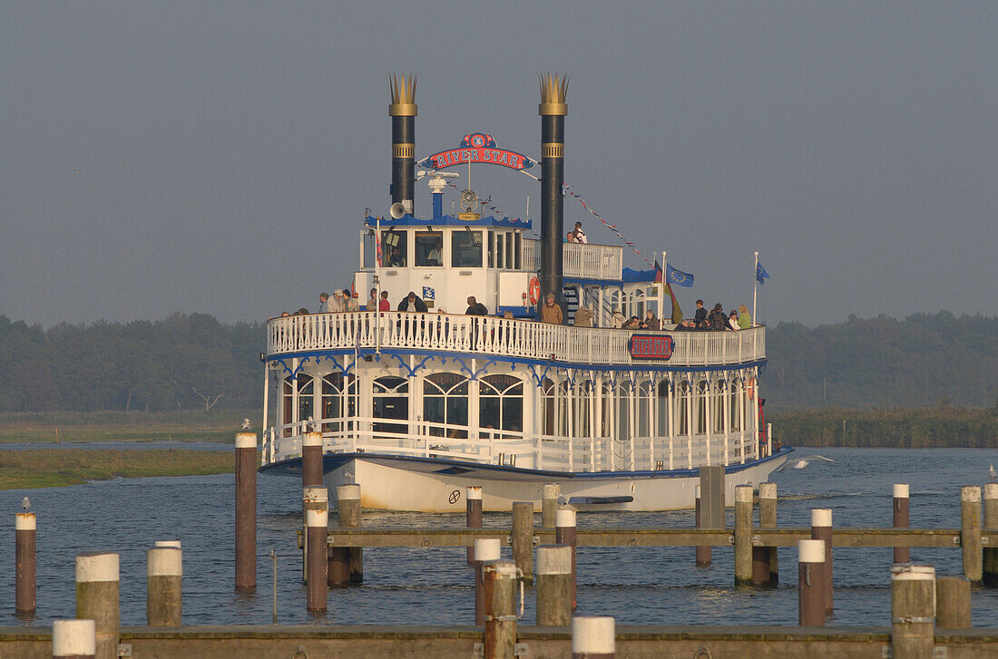 Bodden harbour with Mississippi passenger boat, Prerow, Fischland-Darss-Zingst, Mecklenburg-Pomerania, Germany, Europe