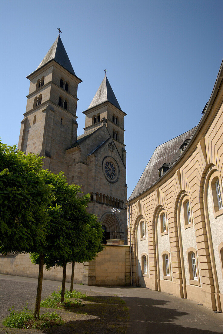 The Willibrordus Cathedral under blue sky, Echternach, Luxembourg, Europe