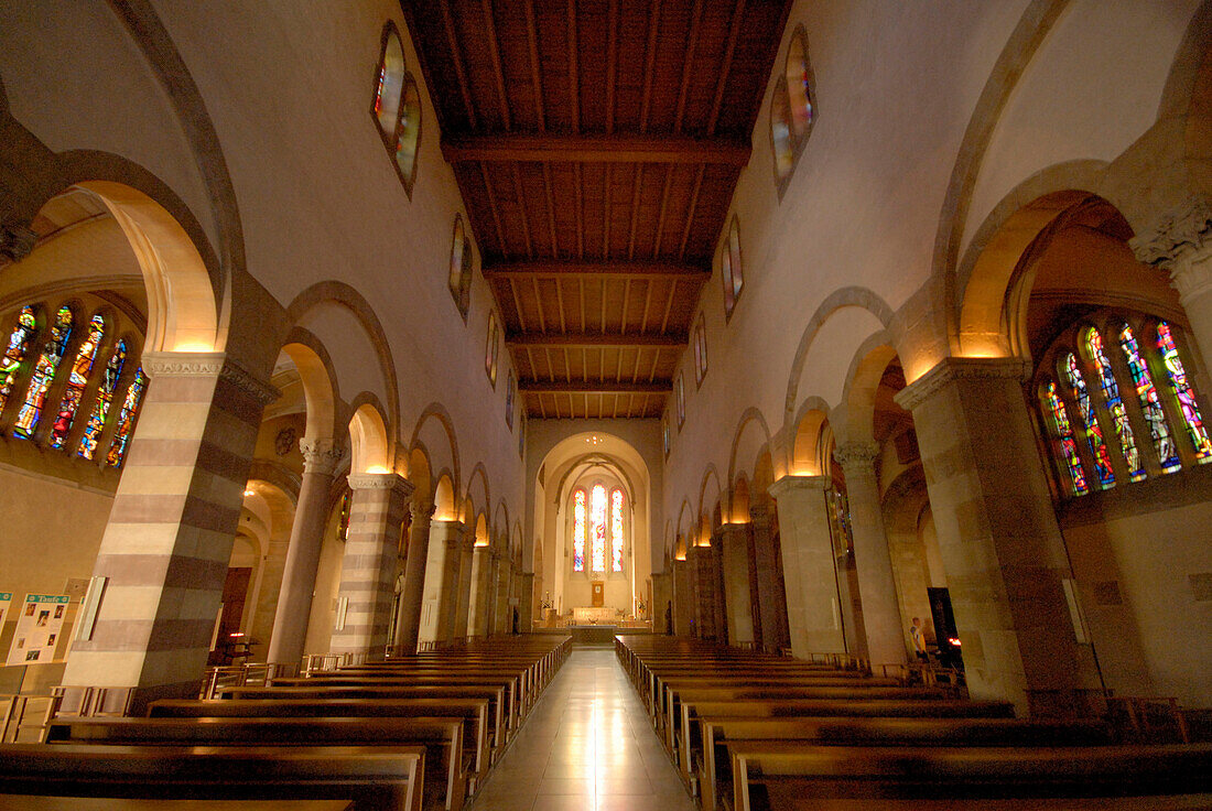 Interior view of the deserted Willibrordus Cathedral, Echternach, Luxemburg, Europe