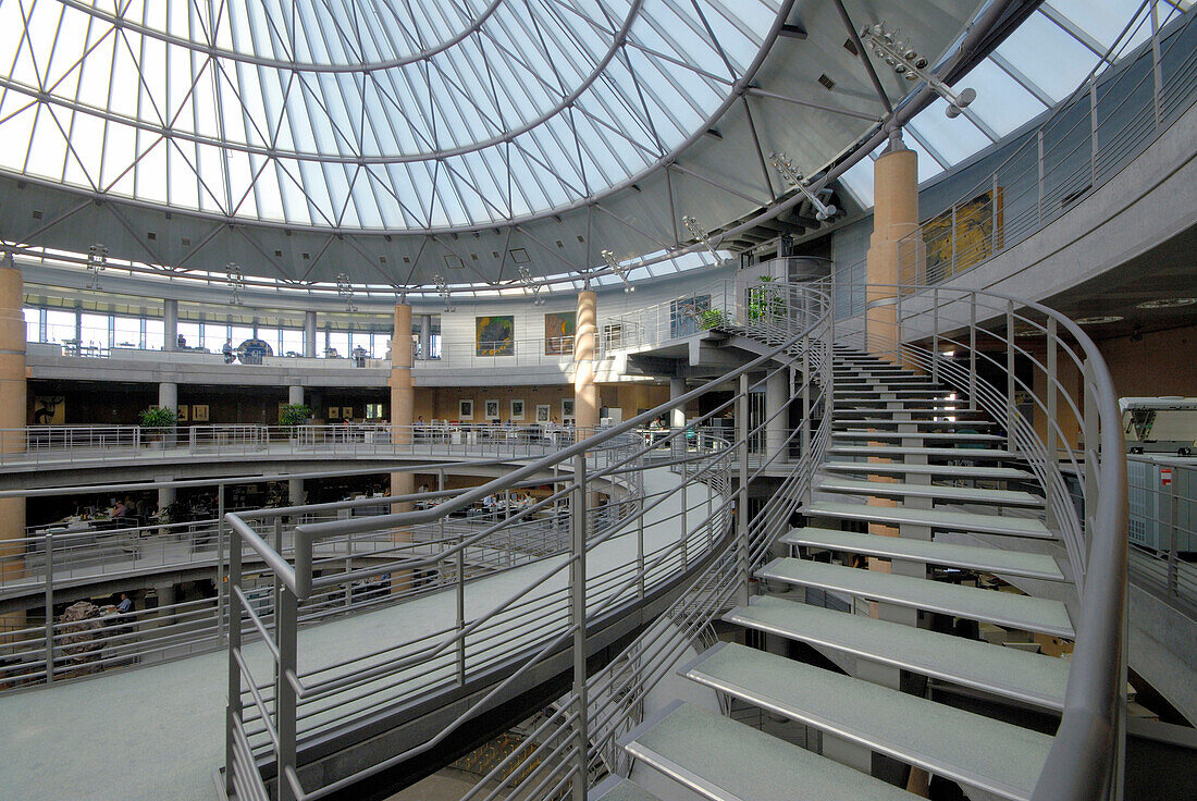 Interior view of the entrance hall of the Deutsche Bank, Kirchberg, Luxembourg city, Luxembourg, Europe