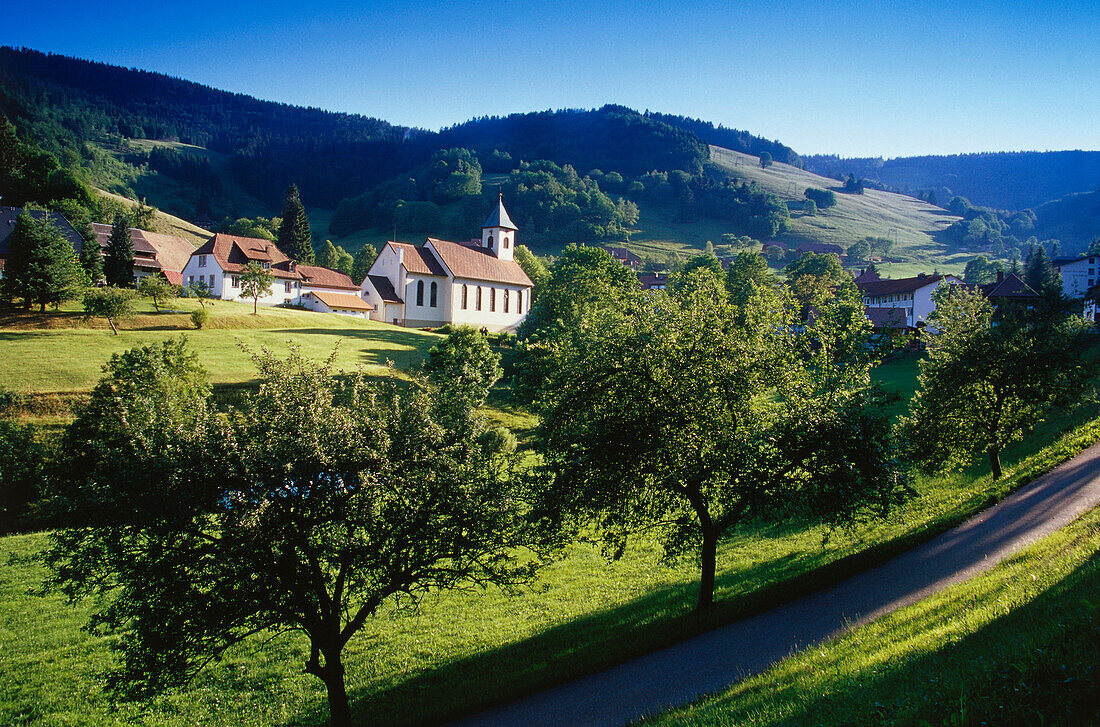 Village with church, Wieden, Black Forest, Baden-Wuerttemberg, Germany