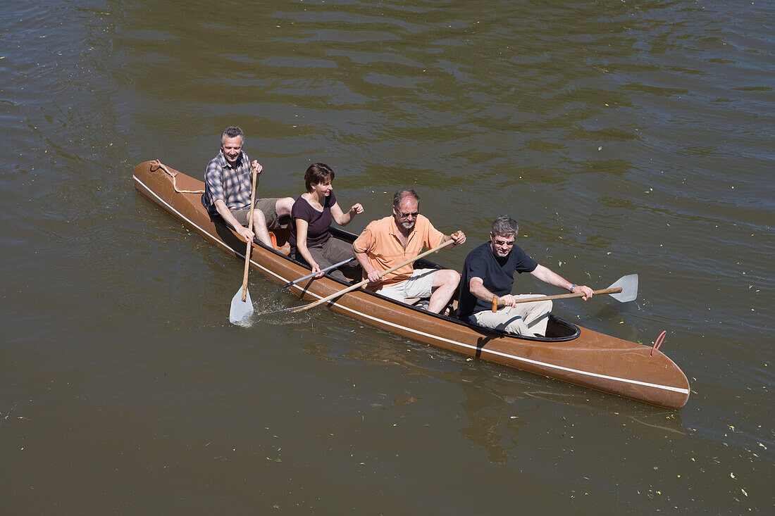 Canoe Paddlers on River Haune, Haunetal-Rhina, Rhoen, Hesse, Germany