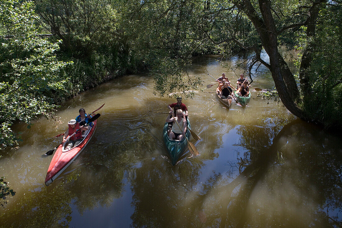 Canoe Paddlers on River Haune, Haunetal-Neukirchen, Rhoen, Hesse, Germany