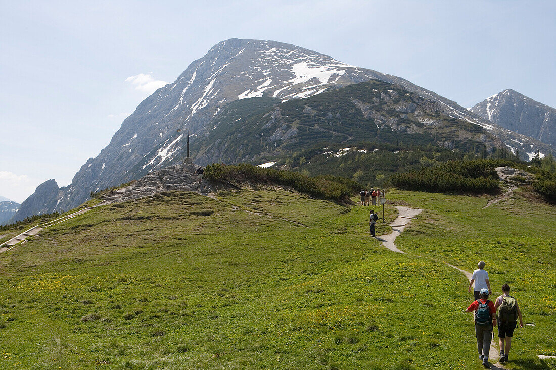 Hikers Ascending Schneibstein Mountain, Near Berchtesgaden, Berchtesgadener Land, Bavaria, Germany