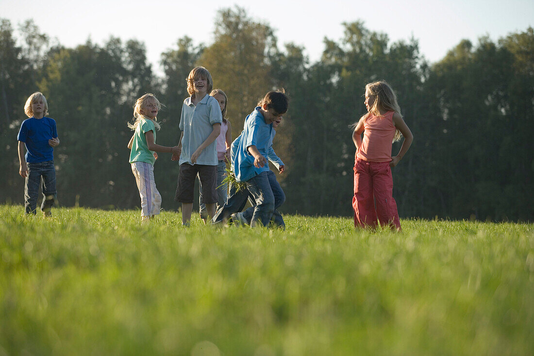 Kinder stehen nebeneinander auf einer Wiese, Kindergeburtstag