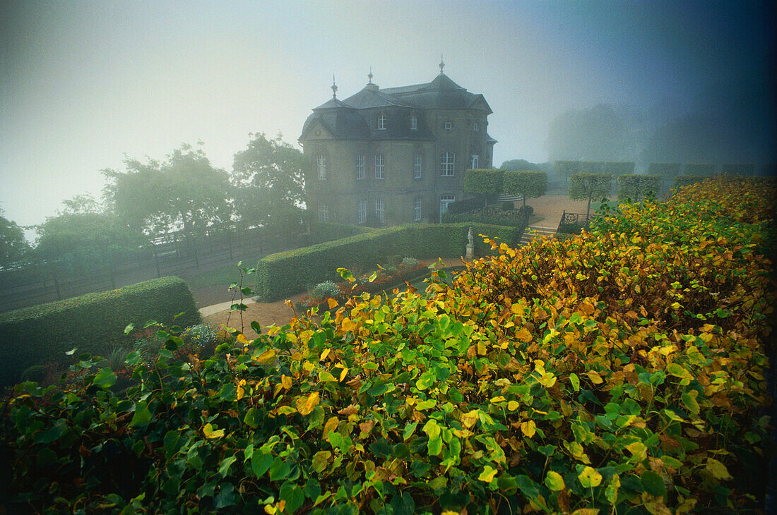 Rococo castle in fog, Dornburg (Saale), Thuringia, Germany