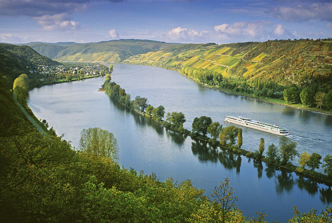 View to River Rhine with excursion boat near Osterspai, Rhineland-Palatinate, Germany