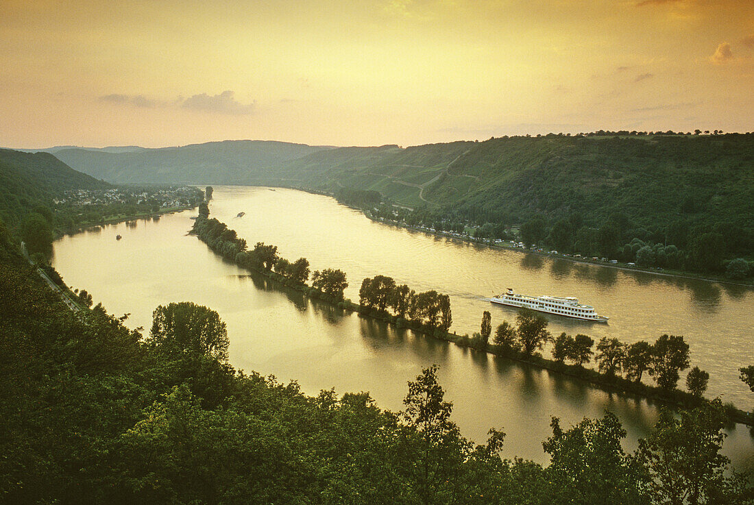 View to the River Rhine with excursion boat near Osterspai, Rhineland-Palatinate, Germany