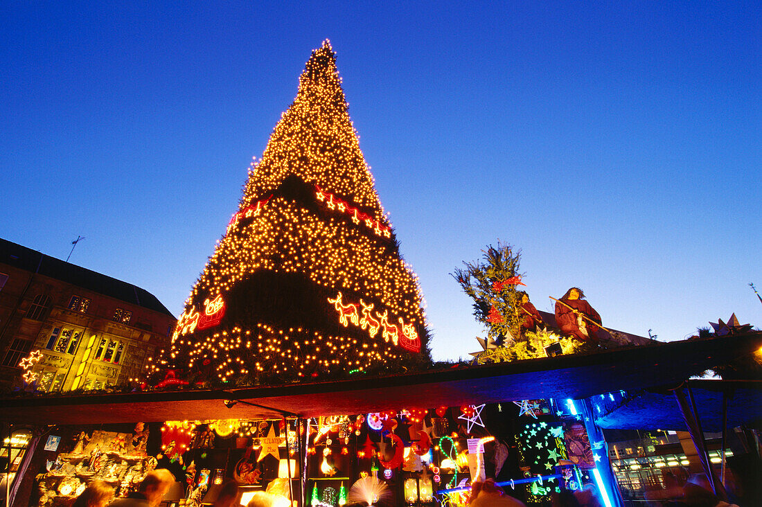 Christmas market, world biggest Christmas tree, in the evening, Dortmund, North-Rhine Westphalia, Germany