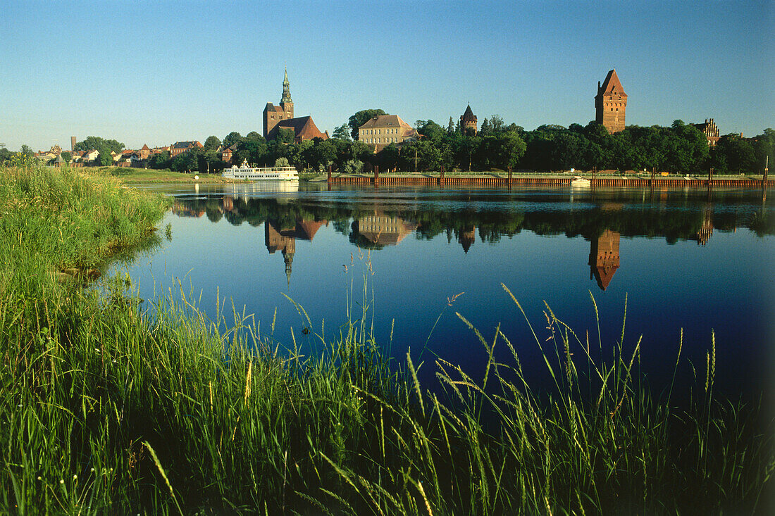 View over River Elbe to Tangermunde, Altmark, Saxony-Anhalt, Germany