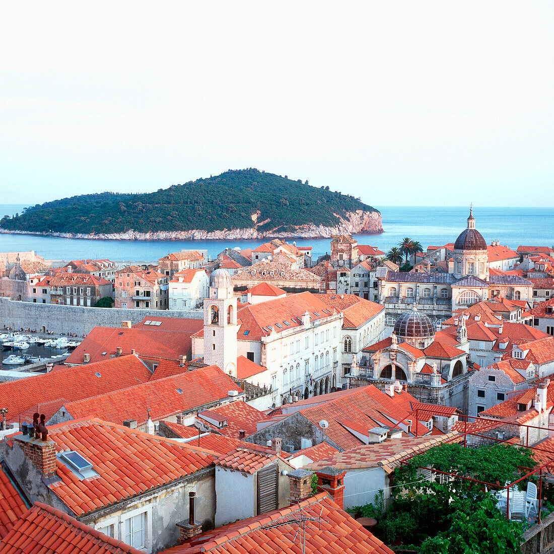 Blick über die Dächer Dubrovniks zur Insel Lokrum, Dubrovnik, Dalmatien, Kroatien