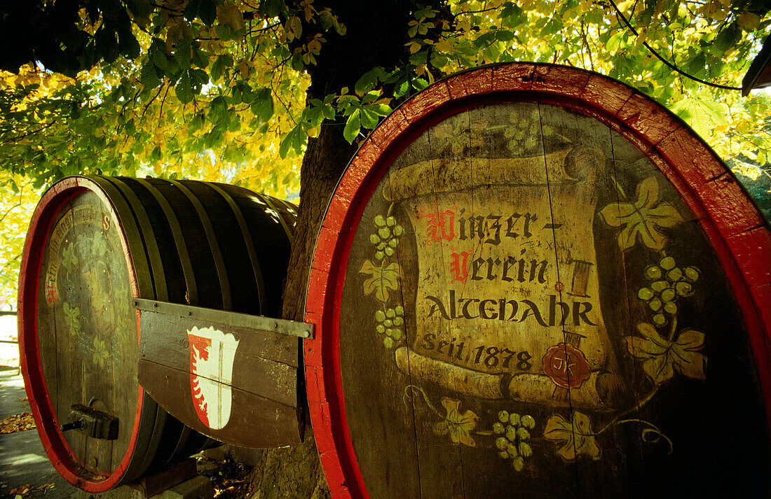 Two wine casks, Altenahr, Eifel, Rhineland-Palatinate, Germany