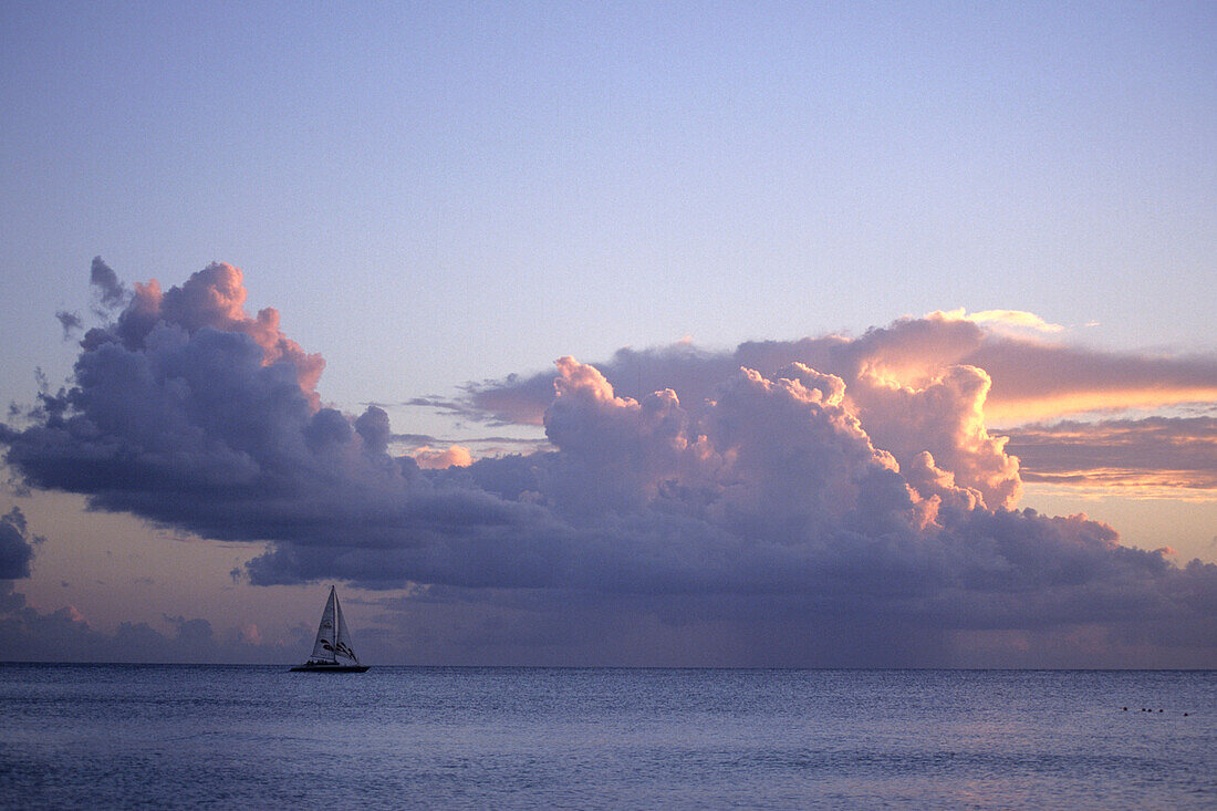 Ein Katamaran bei Sonnenuntergang, Blick von Sandy Lane, St. James, Barbados, Karibik