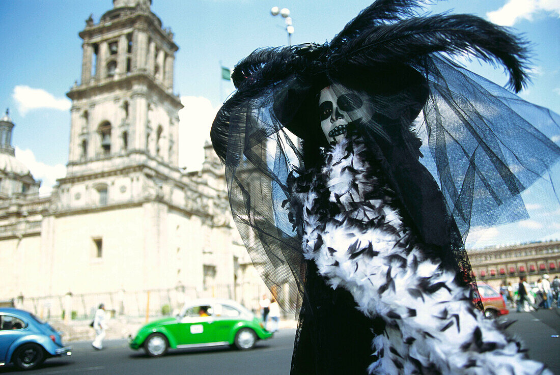 A person in disguise, wearing a costume, Day of the Dead, Dia de los Muertos, Mexico City, Mexico