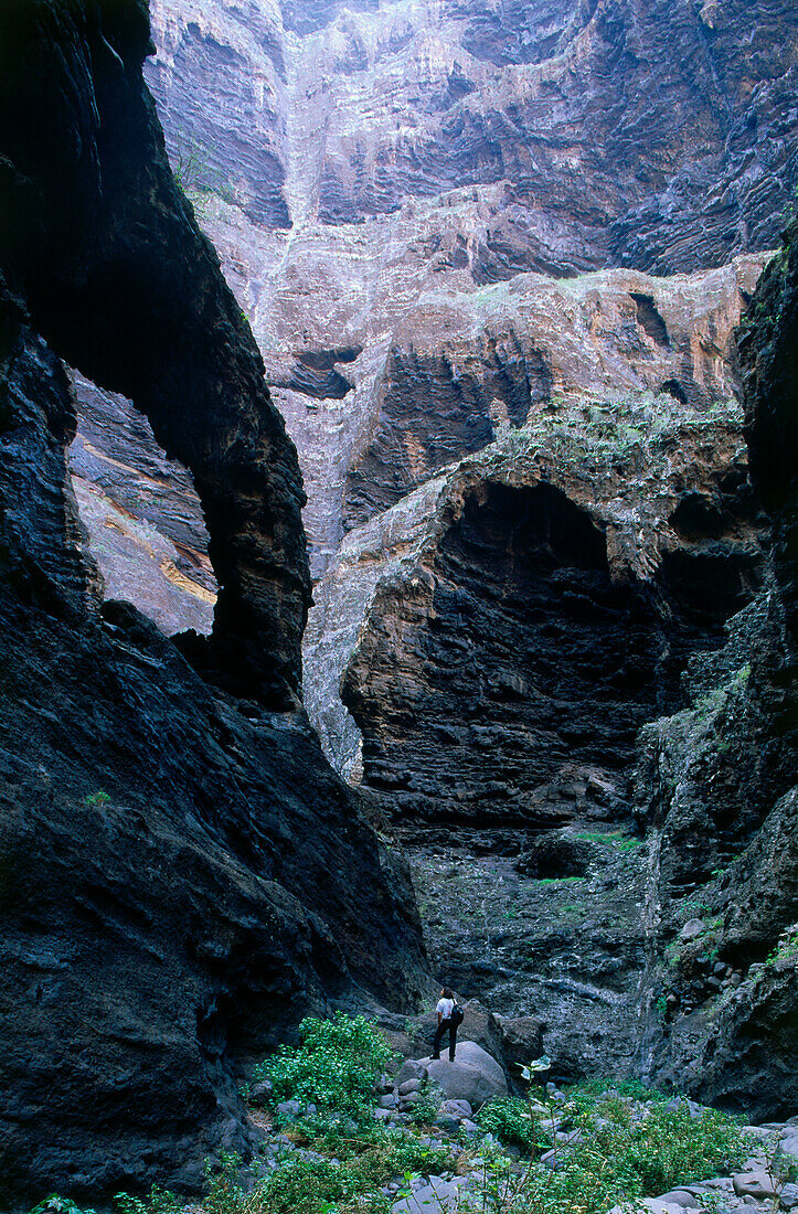 Hiker, Masca canyon, Teno Mountains, Tenerife, Canary Islands, Spain