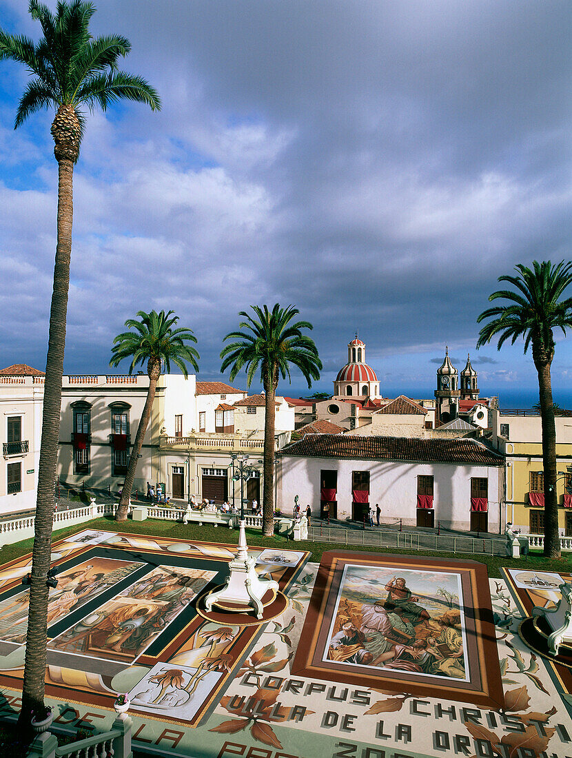 Soil tapestry, coloured volcanic soil from the Teide National Park, Religious festival of Corpus, Plaza del Ayuntamento, town square, La Orotava, Tenerife, Canary Islands, Atlantic Ocean, Spain