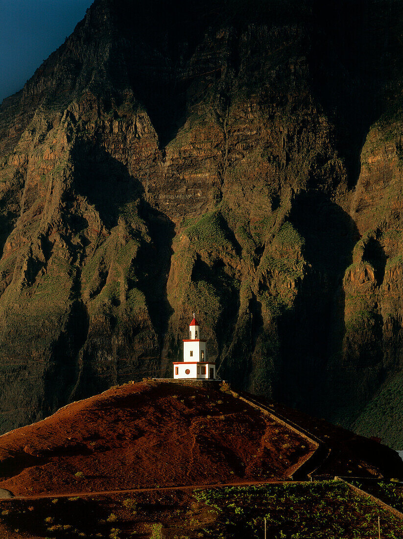 Bell tower of the church, Frontera, village in the El Golfo crater, steep face, El Hierro, Canary Islands, Spain