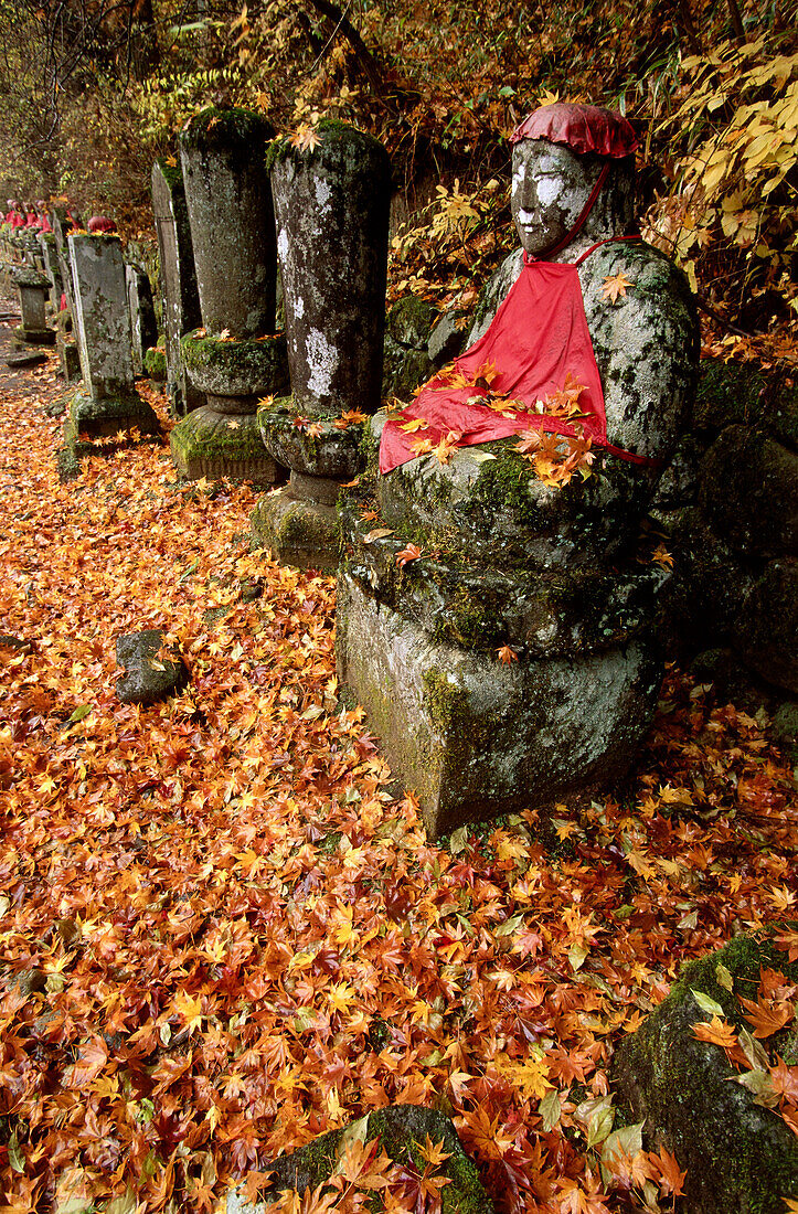Buddhistische Priesterfiguren am Fluss Daiya, Gamangafuchi Schlucht, Nikko, Japan