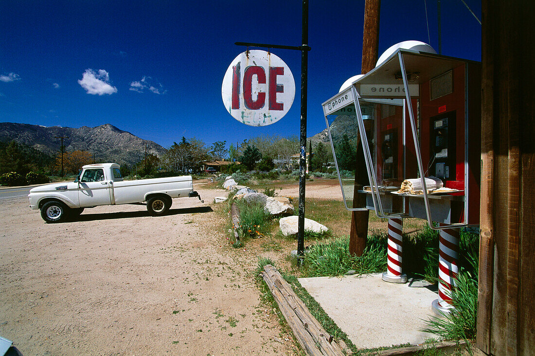 Ice sale, telephones, store near Kernville, California, USA