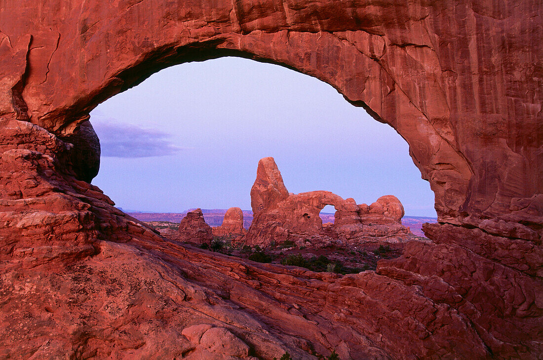 View through North Windows towards Torrests Arch, Arches National Park, Utah, USA