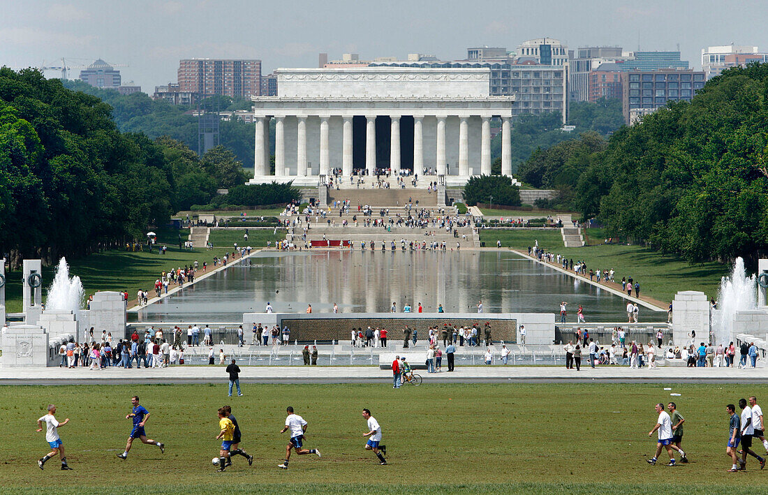 Soccer players at The National Mall with Lincoln Memorial in the background, Washington DC, United States, USA