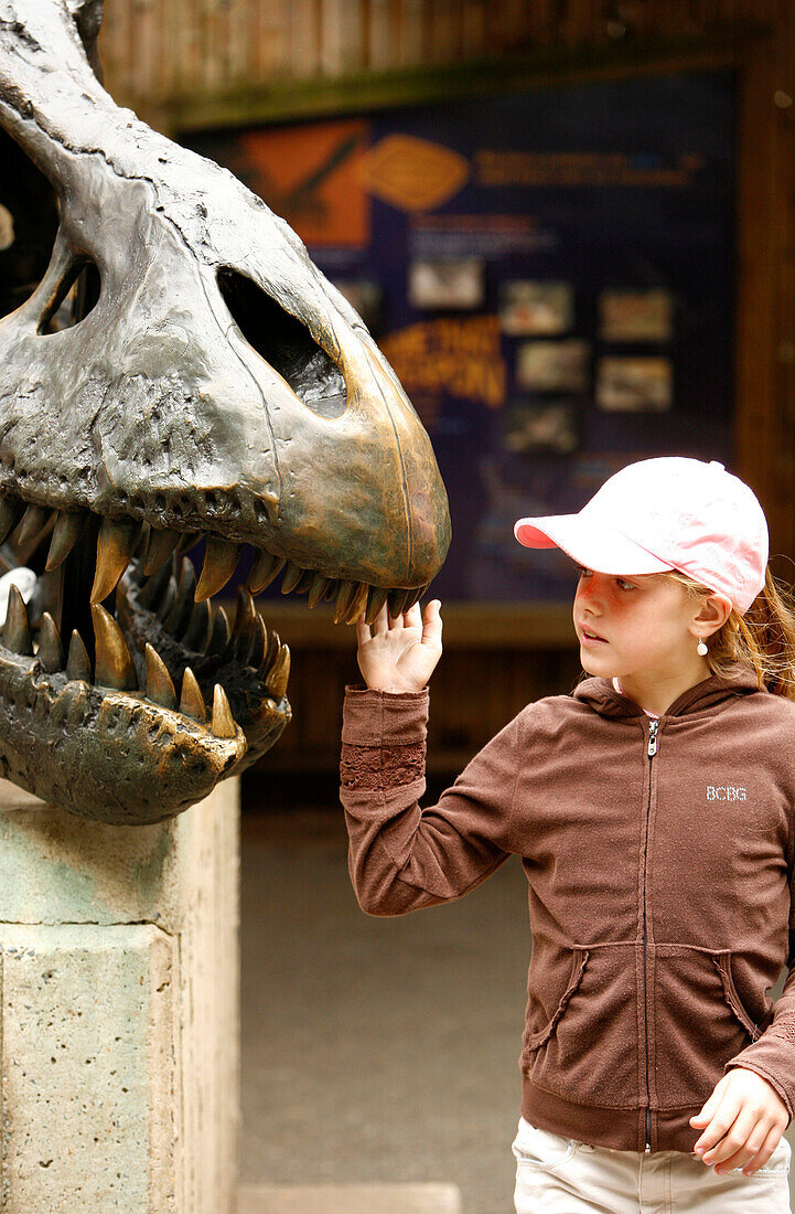 Ein Mädchen und ein Skulptur eines Dinosaurius in Washington Zoo, Washington DC, Vereinigte Staaten von Amerika, USA