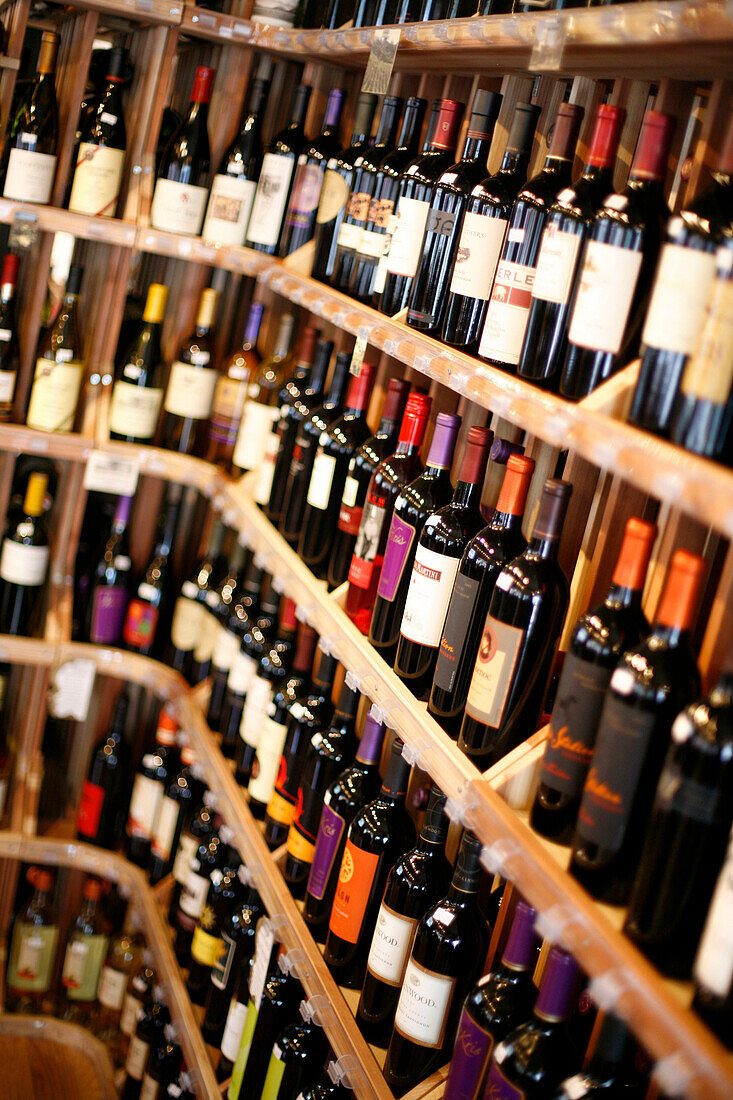 Close up of wine bottles in De Vinos Wine Shop, Washington DC, United States, USA