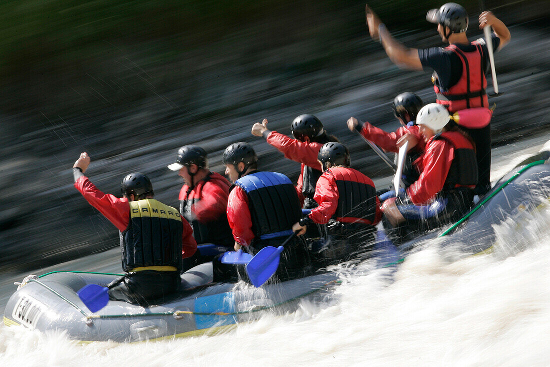 Wild water rafting on the river Inn through the Imster Schlucht, Haiming, Tyrol, Austria