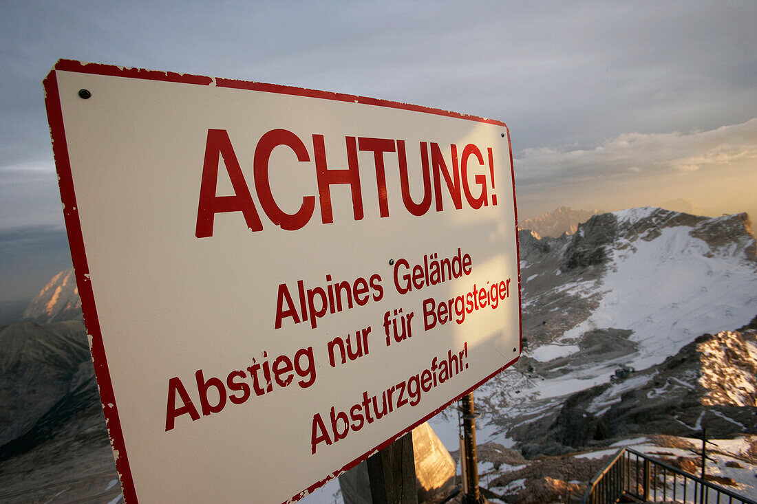Attention sign, summit restaurant, mount Zugspitze, Wetterstein mountains, Bavaria, Germany