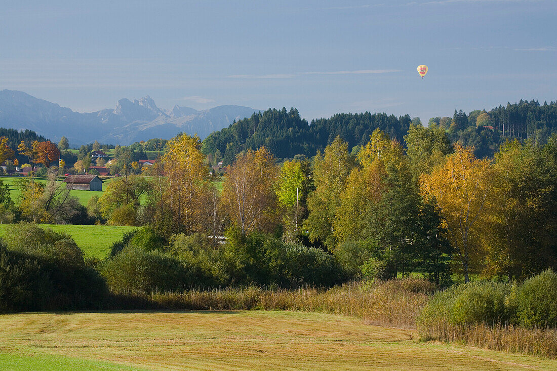 A hot air Balloon over a landscape near Bernbeuren, Allgaeu, Upper Bavaria, Bavaria, Germany