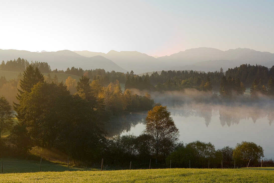 Lake Schmuttersee in the morning light, Allgaeu, Upper Bavaria, Bavaria, Germany